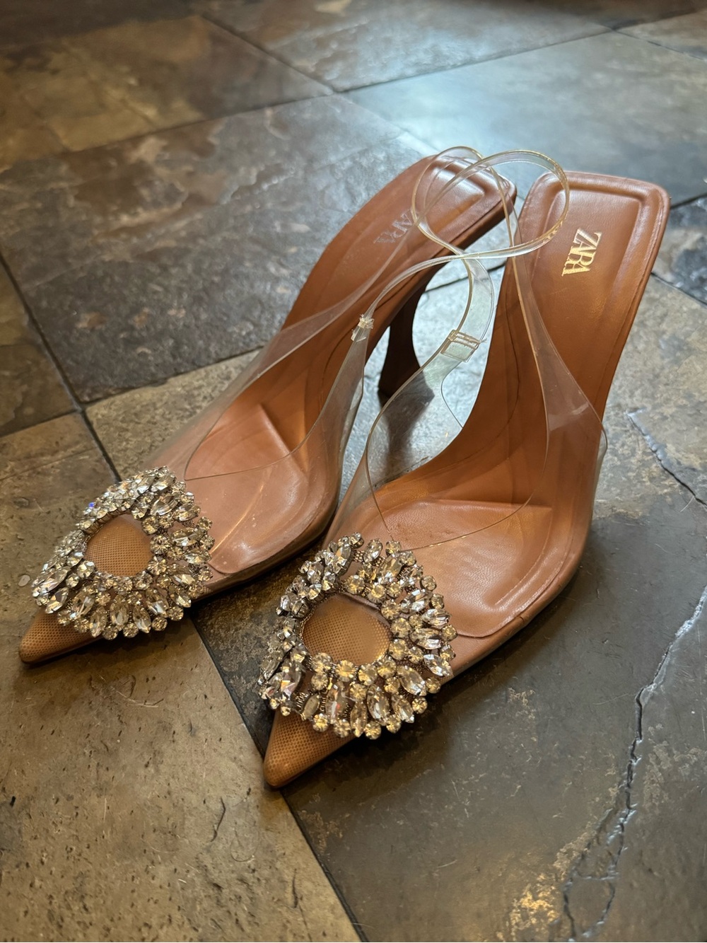 ZARA Clear Embellished Pointed Toe Slingback Heels. Only worn once. Size 36.